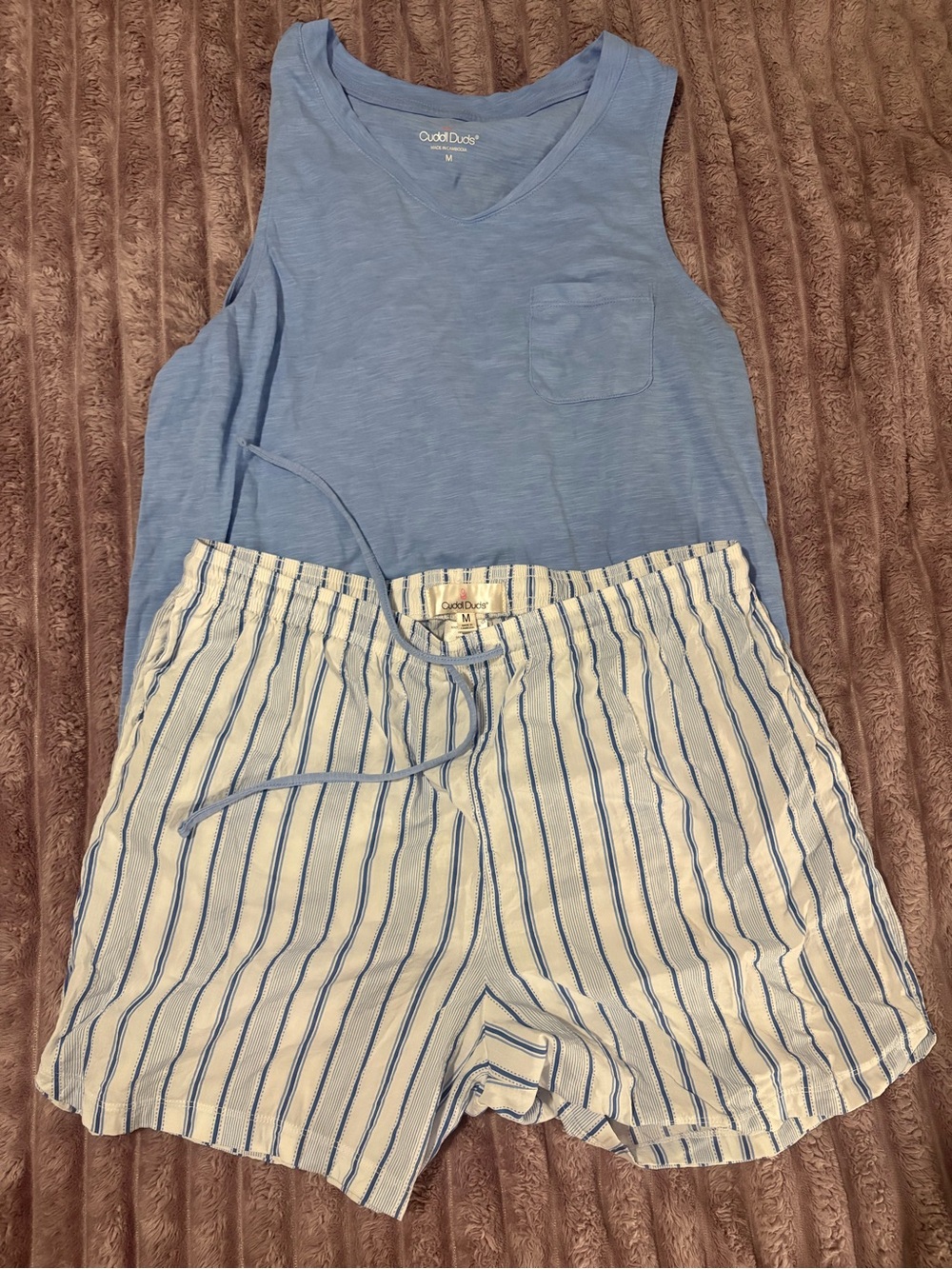 Cuddl Duds Light Blue Tank with Cream & Blue Striped Lounge Shorts
